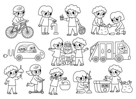 Ecological black and white vector set with children. Cute line eco ...