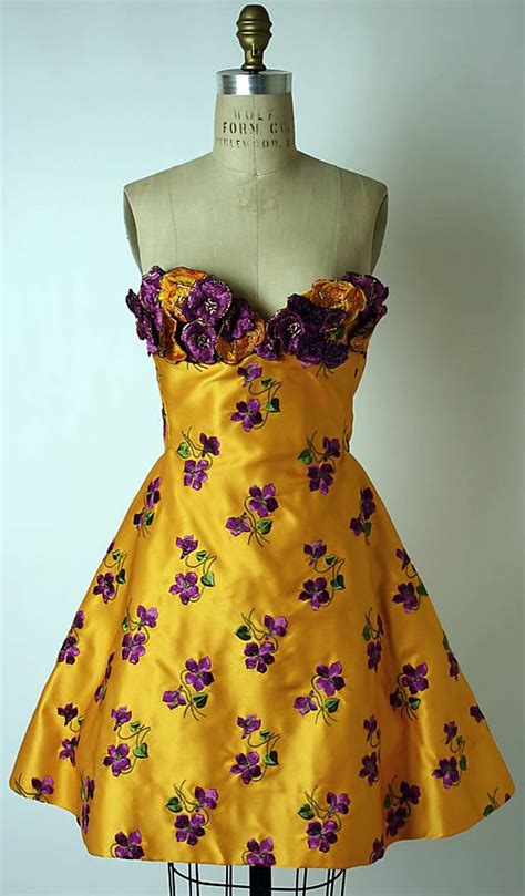 Yellow Silk Satin Cocktail Dress Embroidered With Violets Designed By