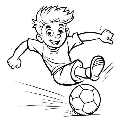 Garçon Jouant Au Football Illustration De Dessin Animé En Noir Et Blanc