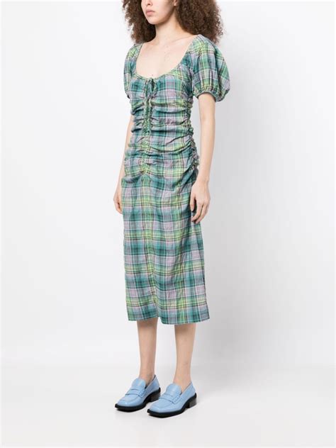 Ganni Checked Seersucker Midi Dress Farfetch