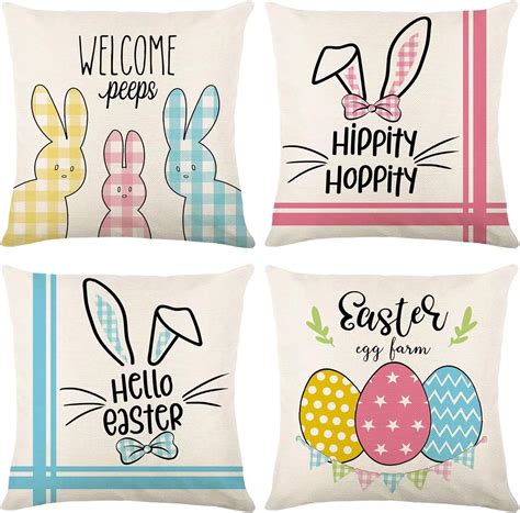 Joralion Easter Bunny Pillow Covers 18x18 Inch Easter Decorative Throw Pillows Set