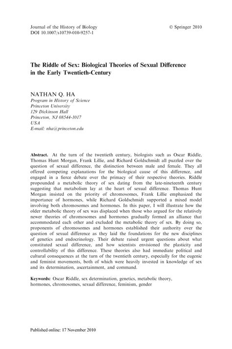 Pdf The Riddle Of Sex Biological Theories Of Sexual Difference In