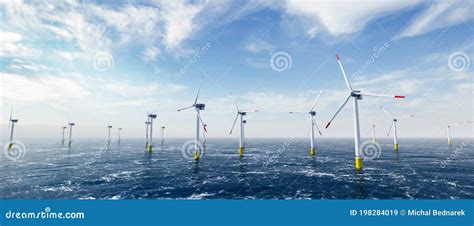 Offshore Wind Power And Energy Farm With Many Wind Turbines On The Ocean Stock Image Image Of