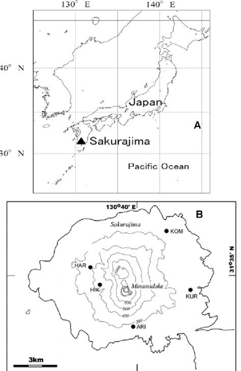 Position of Sakurajima volcano (A) and the location of broadband ...