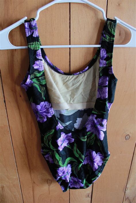 Vintage Style Catalina One Piece Swimsuit Ribbed Black Purple Floral