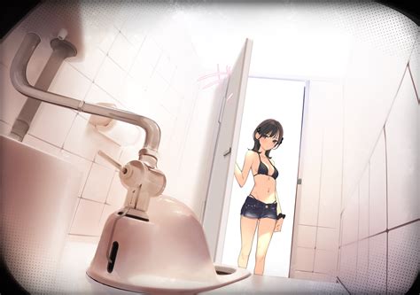 Ama Mitsuki Original Highres 1girl Bathroom Bikini Black Bikini Black Hair Black