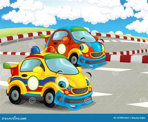 Cartoon Funny And Happy Looking Racing Cars On Race Track Stock