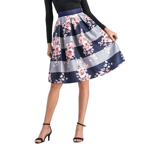 Graceful Women S Clothing Lady Skirt Flowers Print High Waist Flared