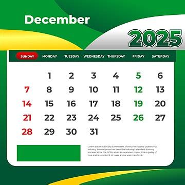 December 2025 Calendar Ready To Print Vector Template Download on Pngtree