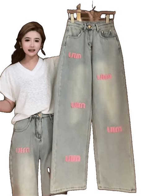 American Embroidered Wide Leg Jeans Female Spring And Autumn High