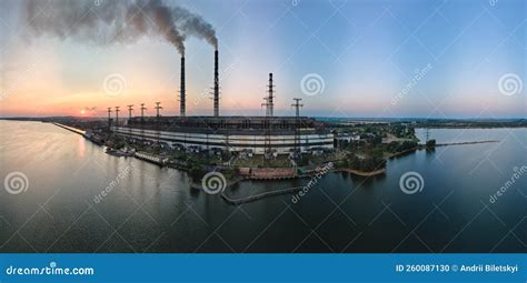 Aerial View Of Coal Power Plant High Pipes With Black Smokestack