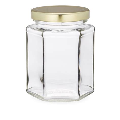 9 Oz Clear Glass Hexagon Jars Gold Metal Lug Cap Berlin