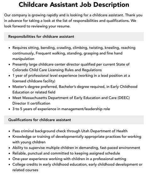 Childcare Assistant Job Description Velvet Jobs