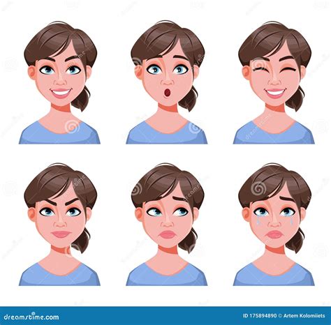 Different Female Emotions Set Beautiful Lady Stock Vector