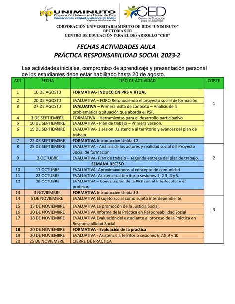 Fechas Actividades AULA RESP Social 2023 2 CORPORACIÓN UNIVERSITARIA