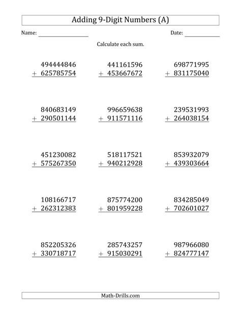 The 9 Digit Plus 9 Digit Addition With Some Regrouping A Math Worksheet From The Addition