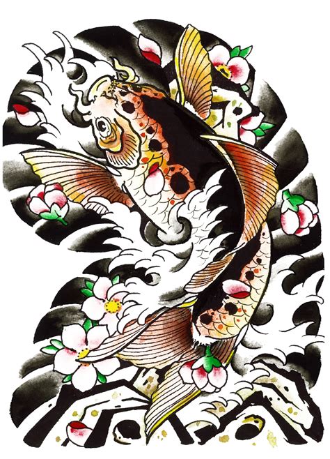 Japanese Koi Fish Tattoo Drawing Two Koi Carps With Red And Black