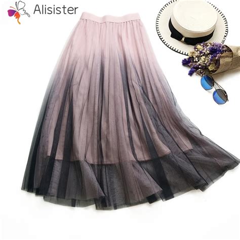 2019 Long Adult Tulle Skirt Women Summer Gradient Color Elastic High