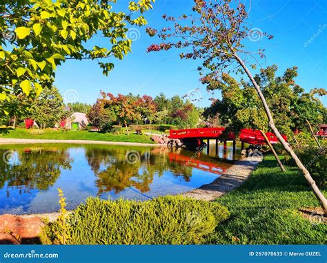 A Beautiful Red Bridge In Sazova Park Japanese Garden At Eski Ehir