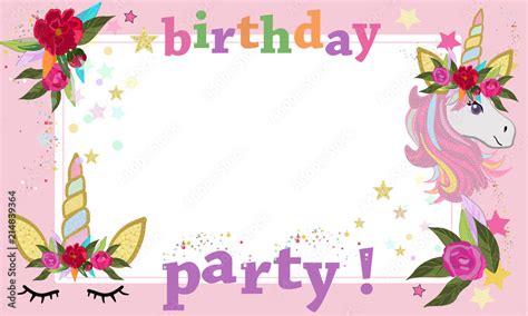 Magical unicorn Birthday party photography frame. Happy birthday greeting card Stock ...