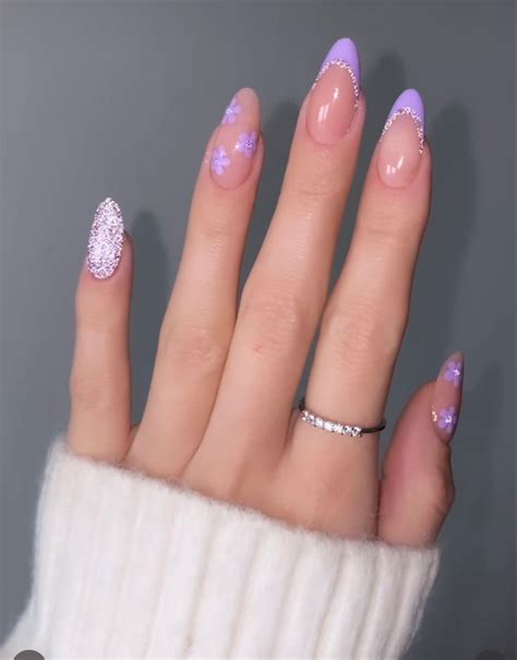 Purple Flower Almond Nails Lilac Nails Violet Nails Purple Acrylic Nails