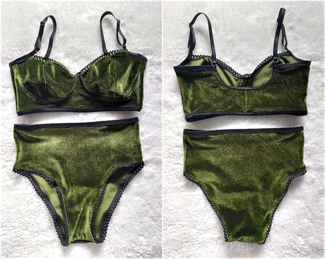 Olive Green Velvet Lingerie Set Soft Cup Bralette Top Retro