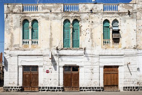 Local red sea style architecture street in central Massawa old town