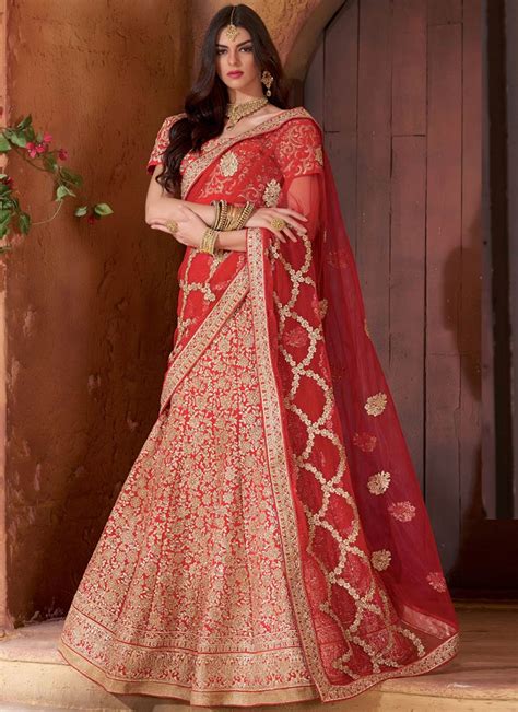 Bridal Red Embroidered Banarasi Lehenga Choli