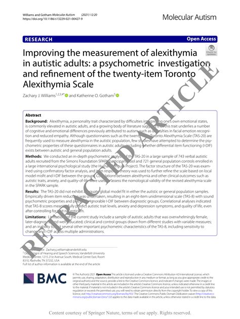 PDF Improving The Measurement Of Alexithymia In Autistic Adults A