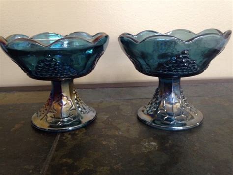 Carnival Glass Candle Holders Blue Iridescent Decorative