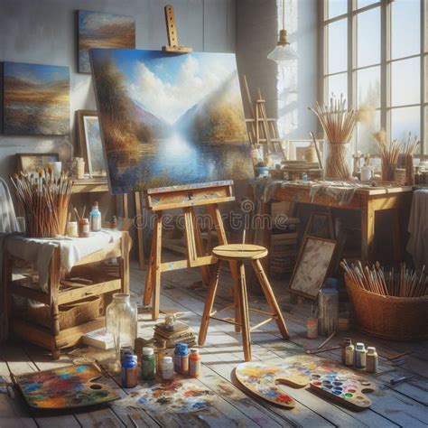 Artistic Painter S Studio with Scenic Landscape Paintings Stock Image - Image of creativity ...