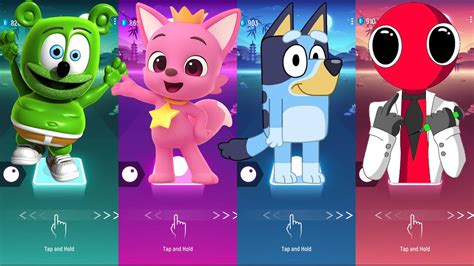 Gummy Bear VS Pink Fong VS Bluey VS Rainbow Friends Red Tiles Hop EDM