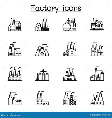 ícone De Fábrica Definido No Estilo De Linha Fina Ilustração Do Vetor