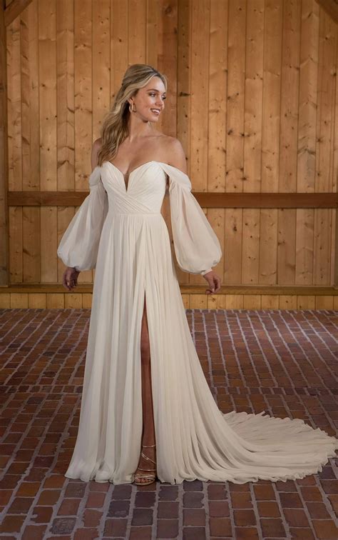 Chiffon A Line Wedding Dress With Detachable Long Sleeves