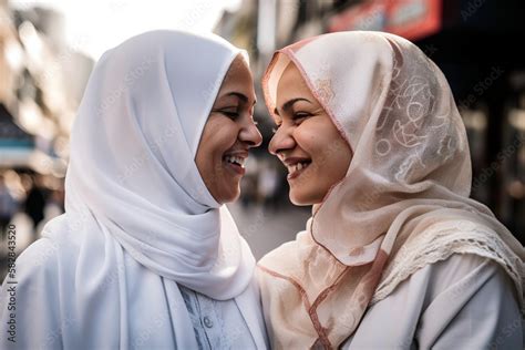 Lesbian Muslim Couple Wearing Hijab Showing Love In The Street LGBT