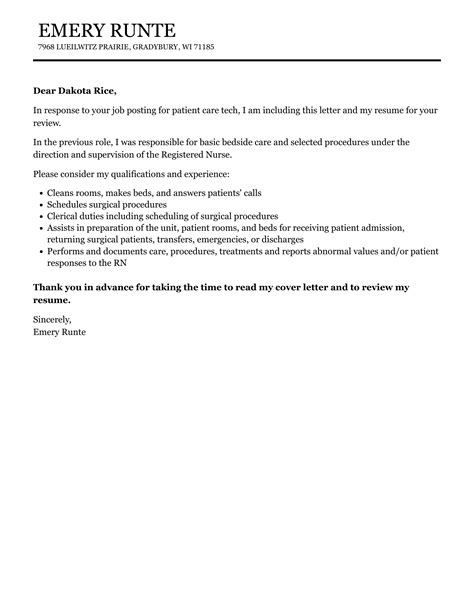 Patient Care Tech Cover Letter Velvet Jobs