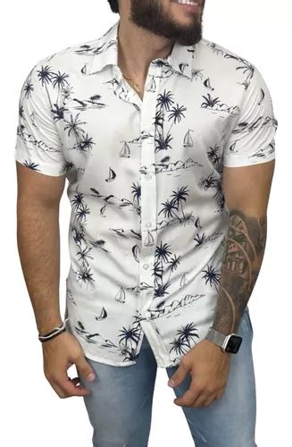 Camisa Floral Masculina Manga Curta Slim Praia Blusa Social Escorrega