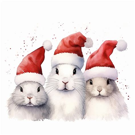 Premium AI Image A Watercolor Painting Of Three Rabbits Wearing Santa