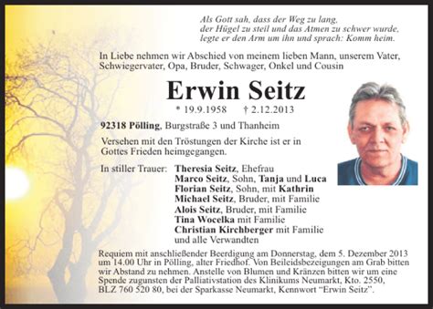 Traueranzeigen Von Erwin Seitz Mittelbayerische Trauer