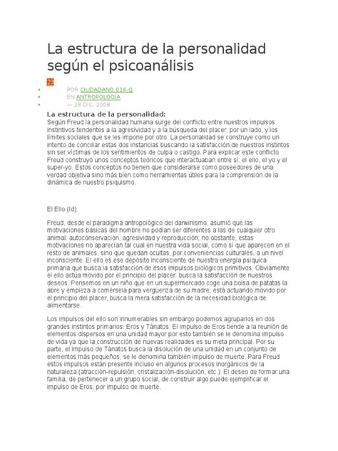 La Estructura De La Personalidad Según El Psicoanálisis Yo Super Yo Y Ello Pdf Carné De