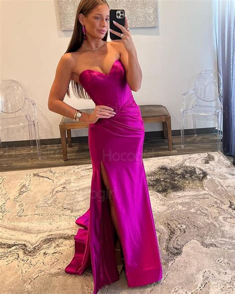 Shop Sweetheart Eggplant Color Ruched Satin Mermaid Prom Dress With