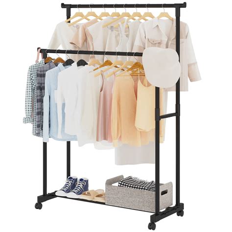 Calmootey Double Rod Clothing Garment Rack Rolling Clothes Rack On