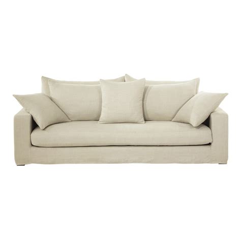 3 Seater Washed Linen Sofa In Ecru Gaspard Maisons Du Monde