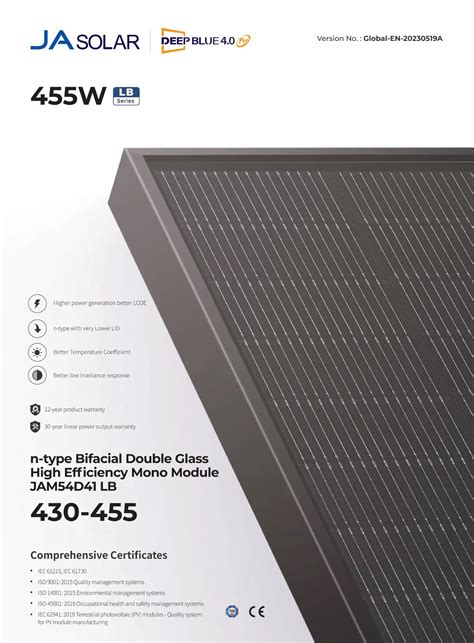 Ja Solar 455W N Type Bifacial Double Glass High Efficiency Mono Module