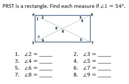 Solved PRST is a rectangle Find each measure if Z1 54º 3 Chegg