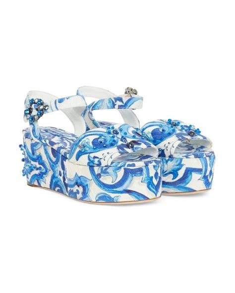 Dolce And Gabbana Majolica Crystal Embellished Wedge Sandals In Blue