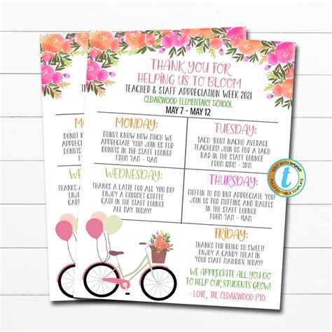 Teacher Appreciation Week Itinerary Floral Theme — Tidylady Printables