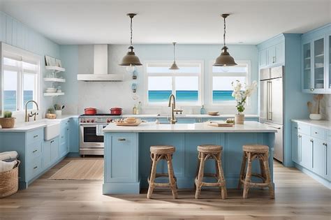 Premium AI Image | Coastalthemed kitchen with light blue cabinets and ...