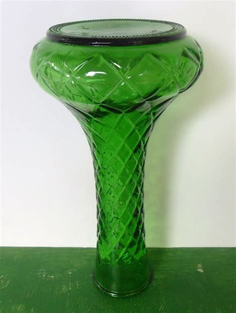 Vintage Green Glass Flower Vasegreen Diamond Pattern Vase Etsy