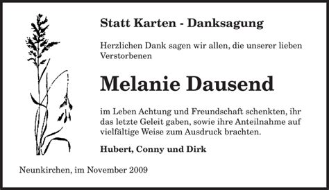 Traueranzeigen Von Melanie Dausend Saarbruecker Zeitung Trauer De